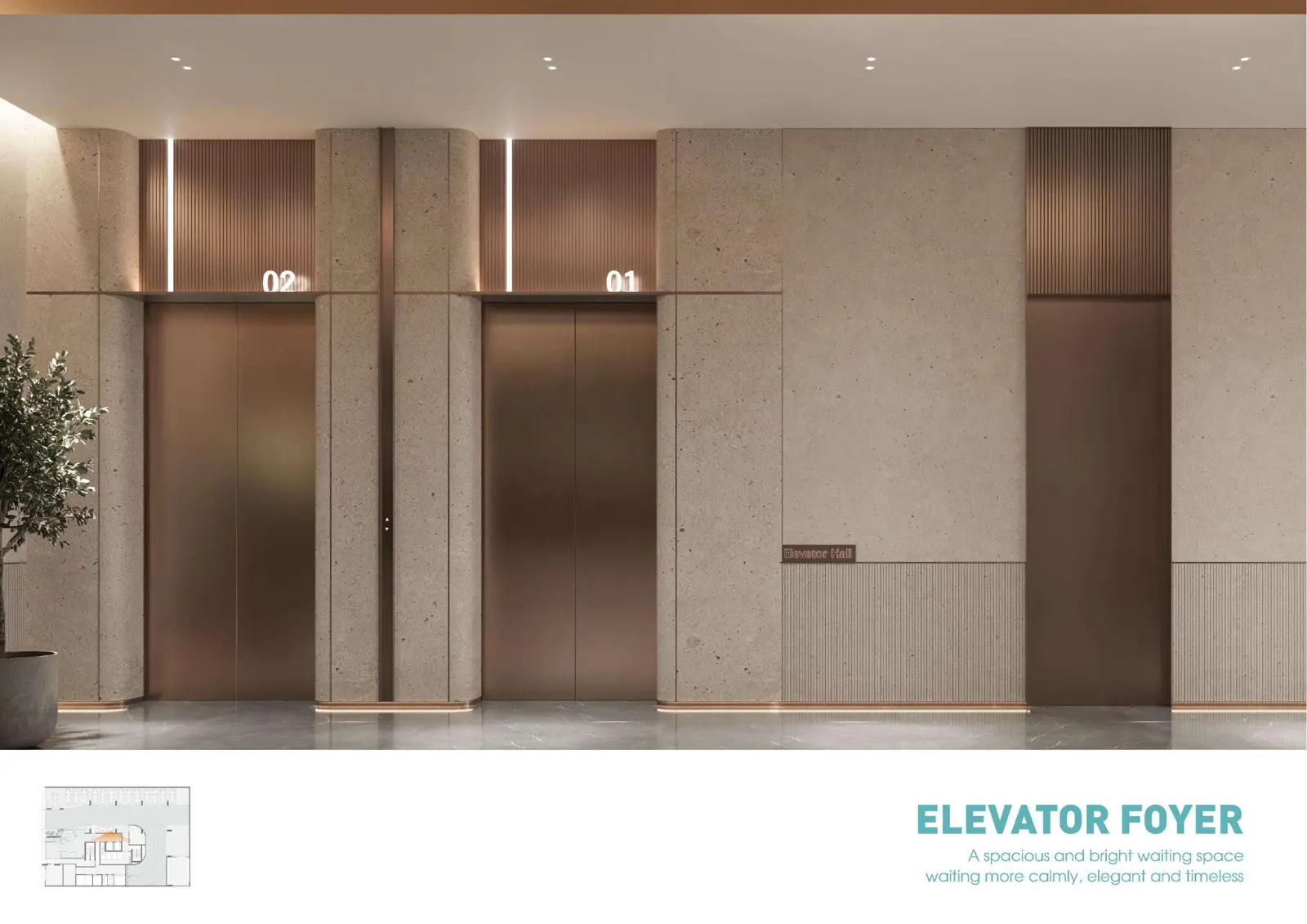 Elevator foyer with bronze doors