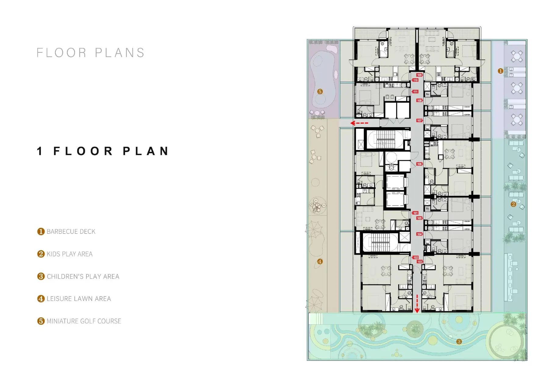 First floor plan with outdoor amenities