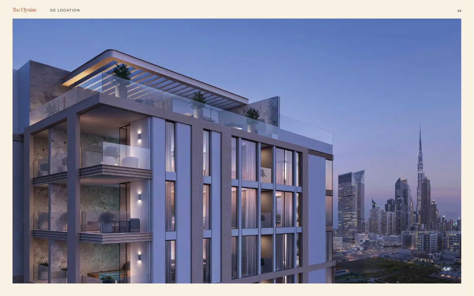 Corner balconies and rooftop at dusk with Burj Khalifa