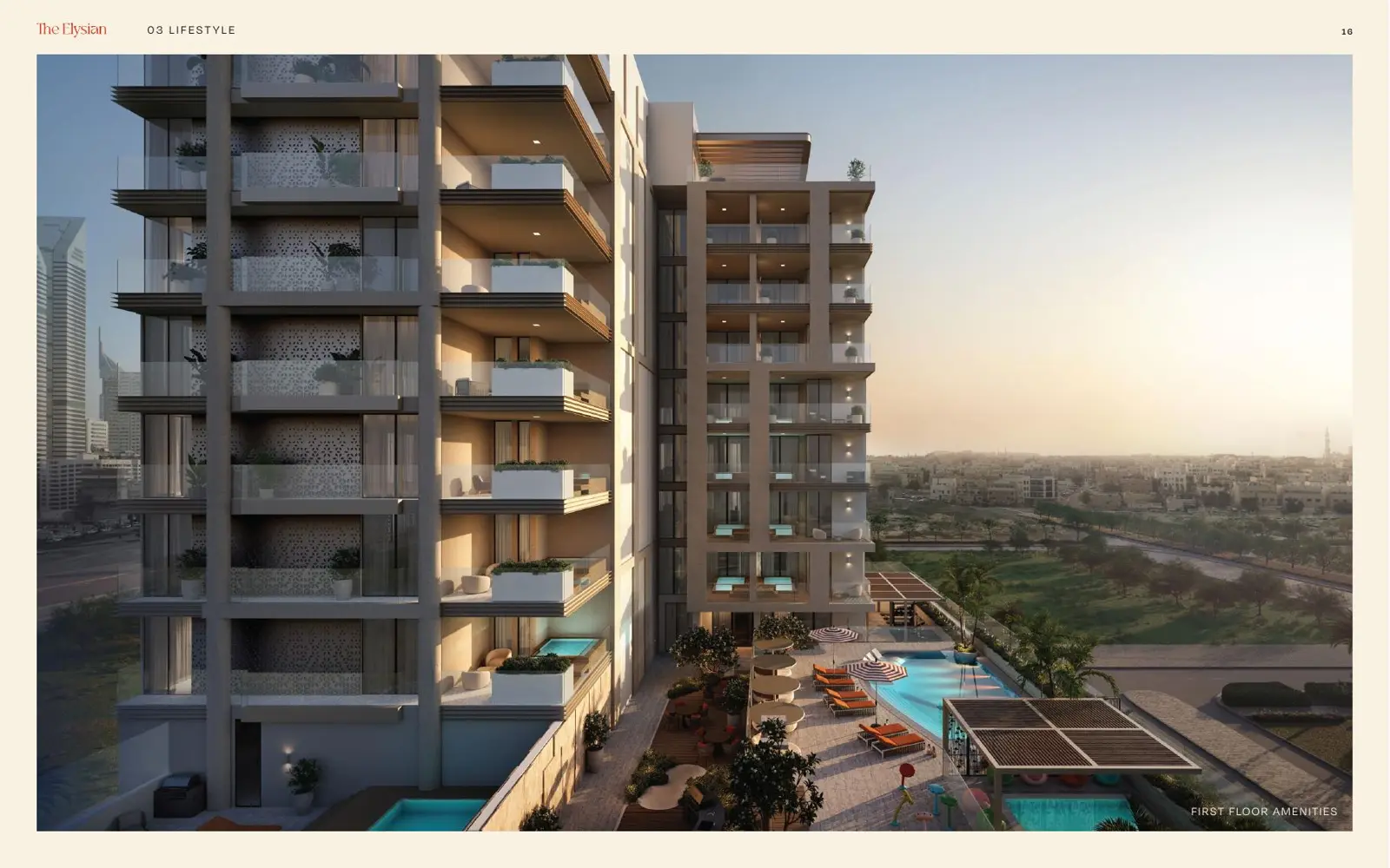 Tower facade with pool deck at sunset