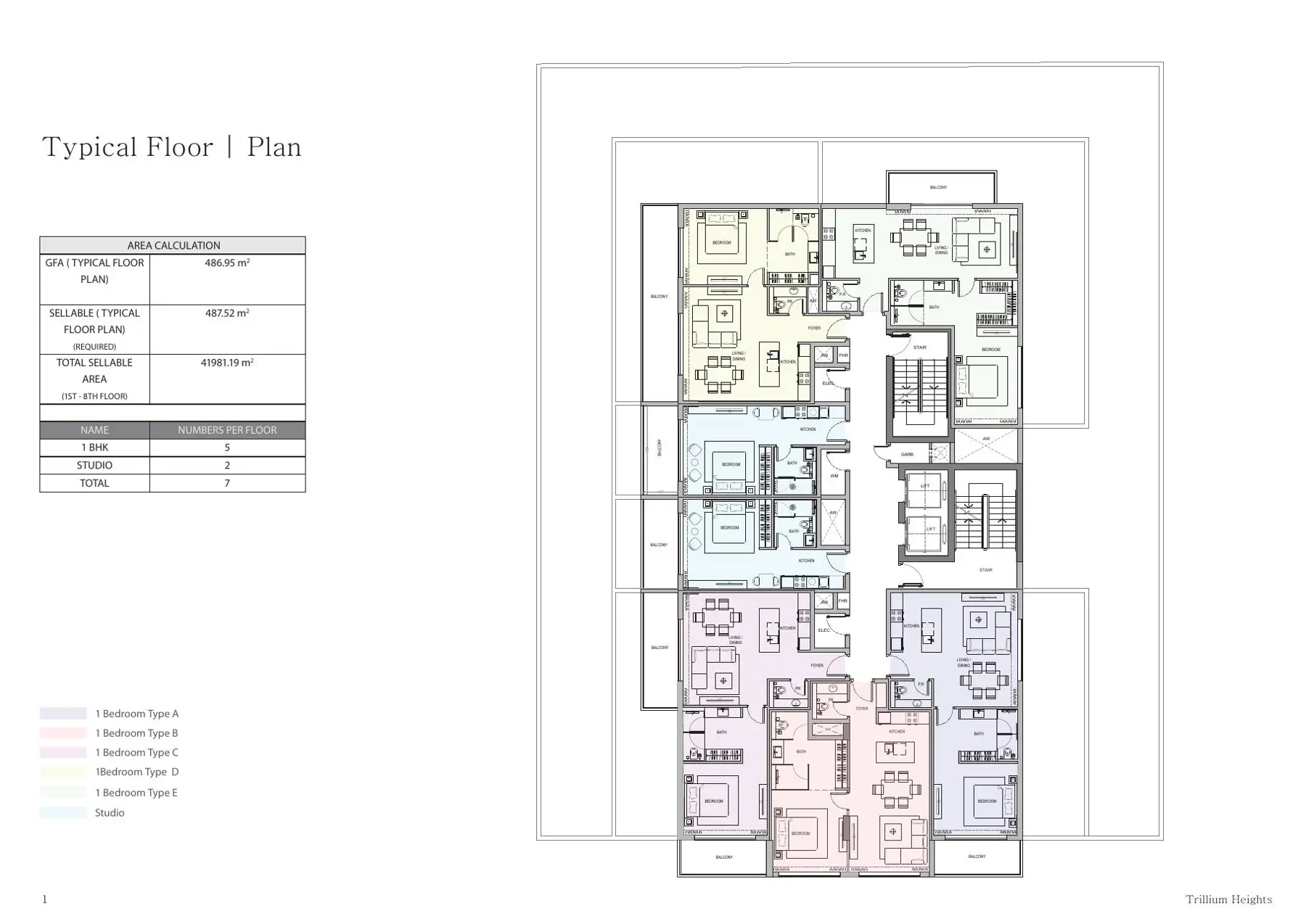 Typical floor plan with seven units and color-coded types