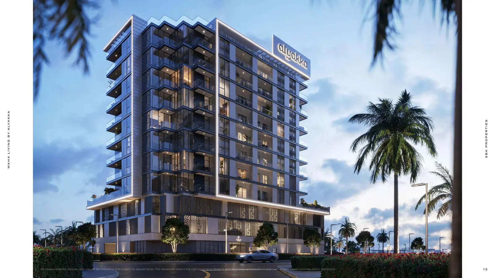 Dusk render of the full building with lit facade