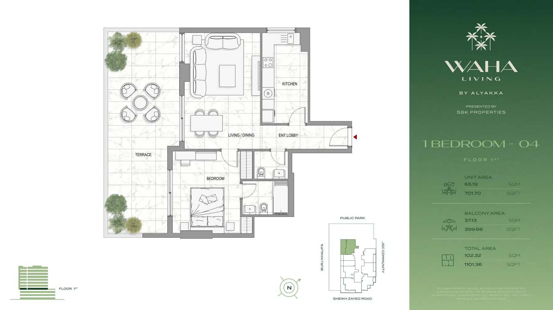 One-bedroom unit 04 plan with large terrace