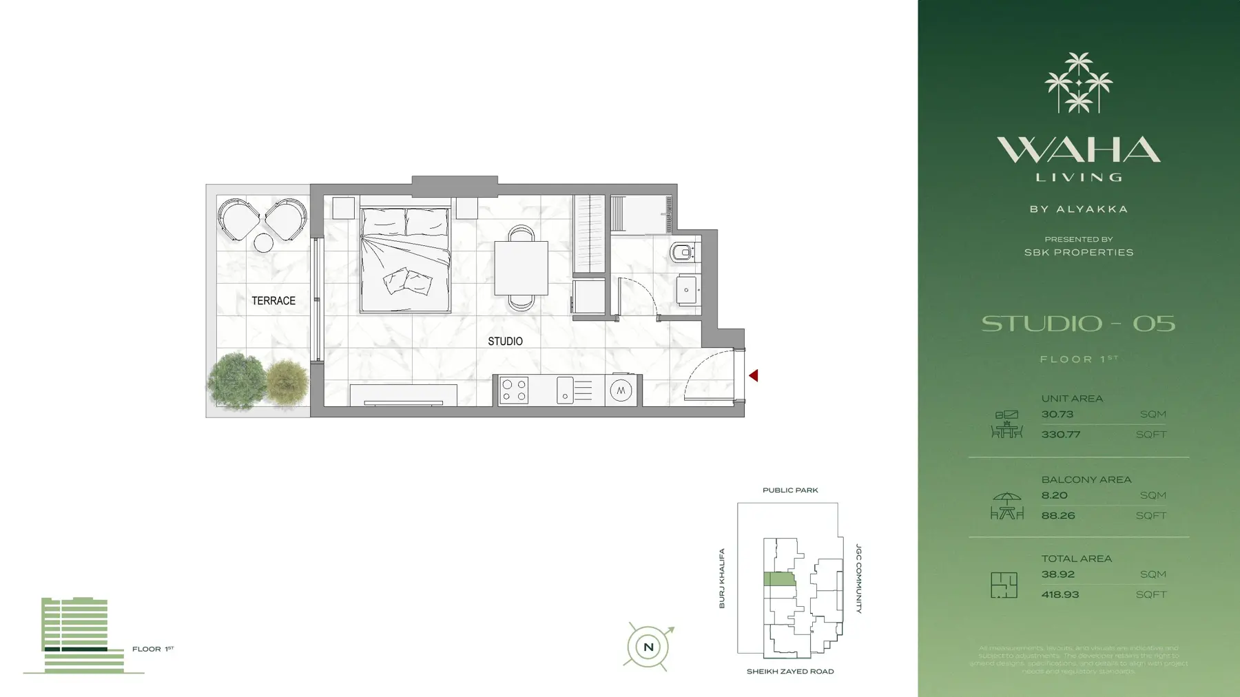 Studio unit 05 plan with terrace
