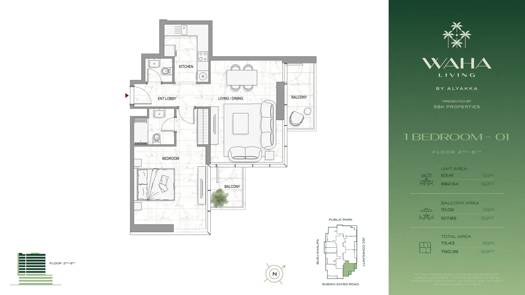 One-bedroom unit 01 plan with balconies
