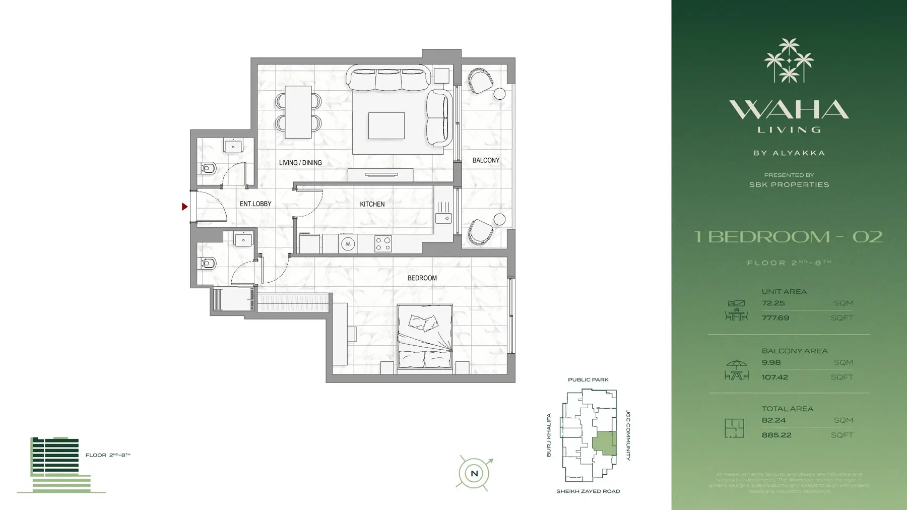 One-bedroom unit 02 plan with balcony