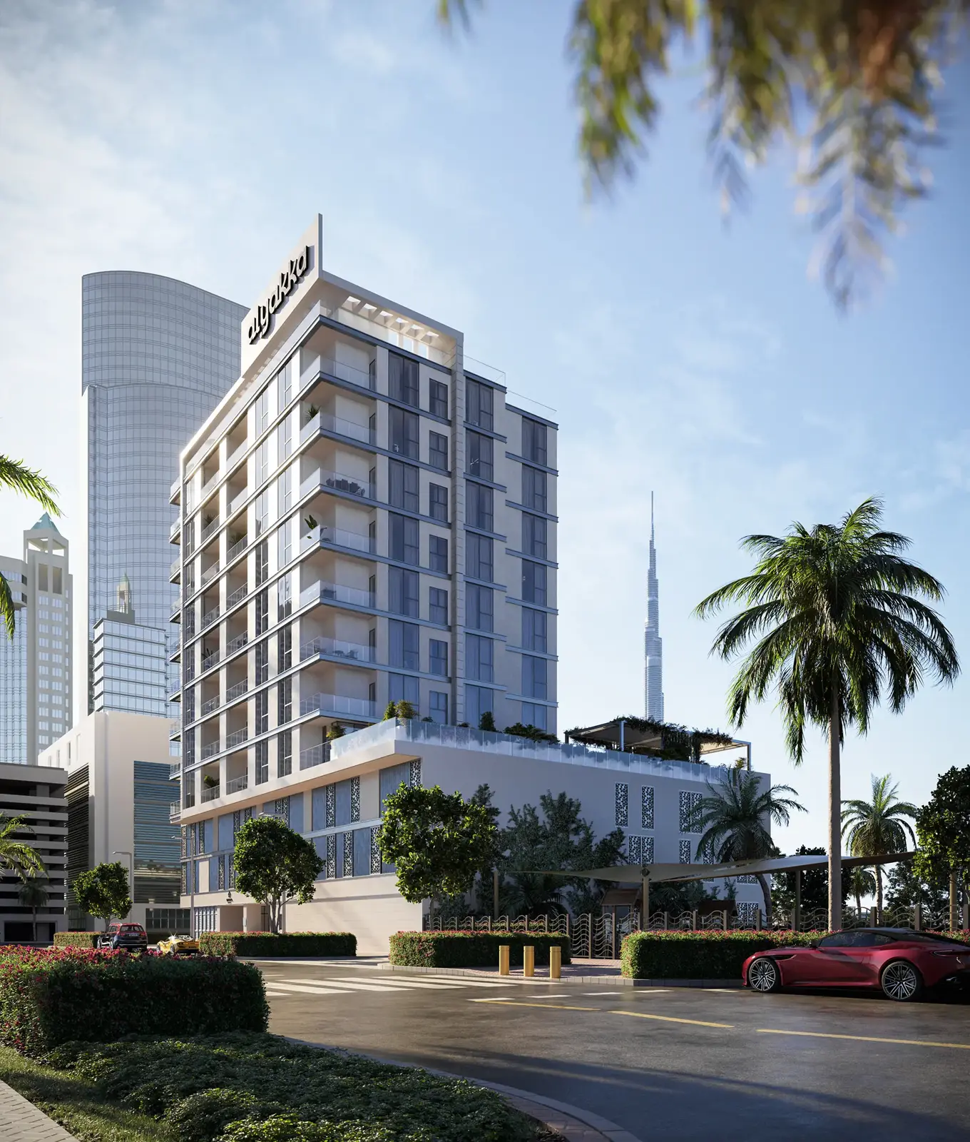 Building seen from street with Burj Khalifa behind