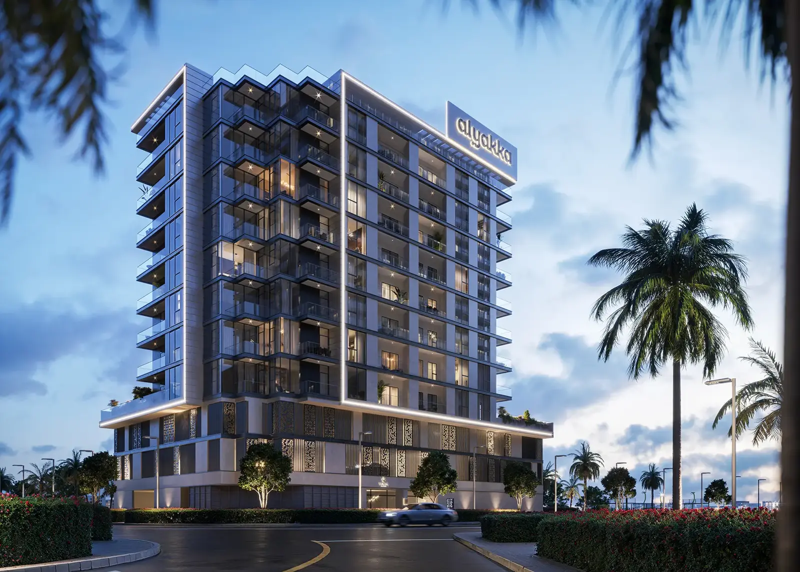 Evening render of the lit building facade