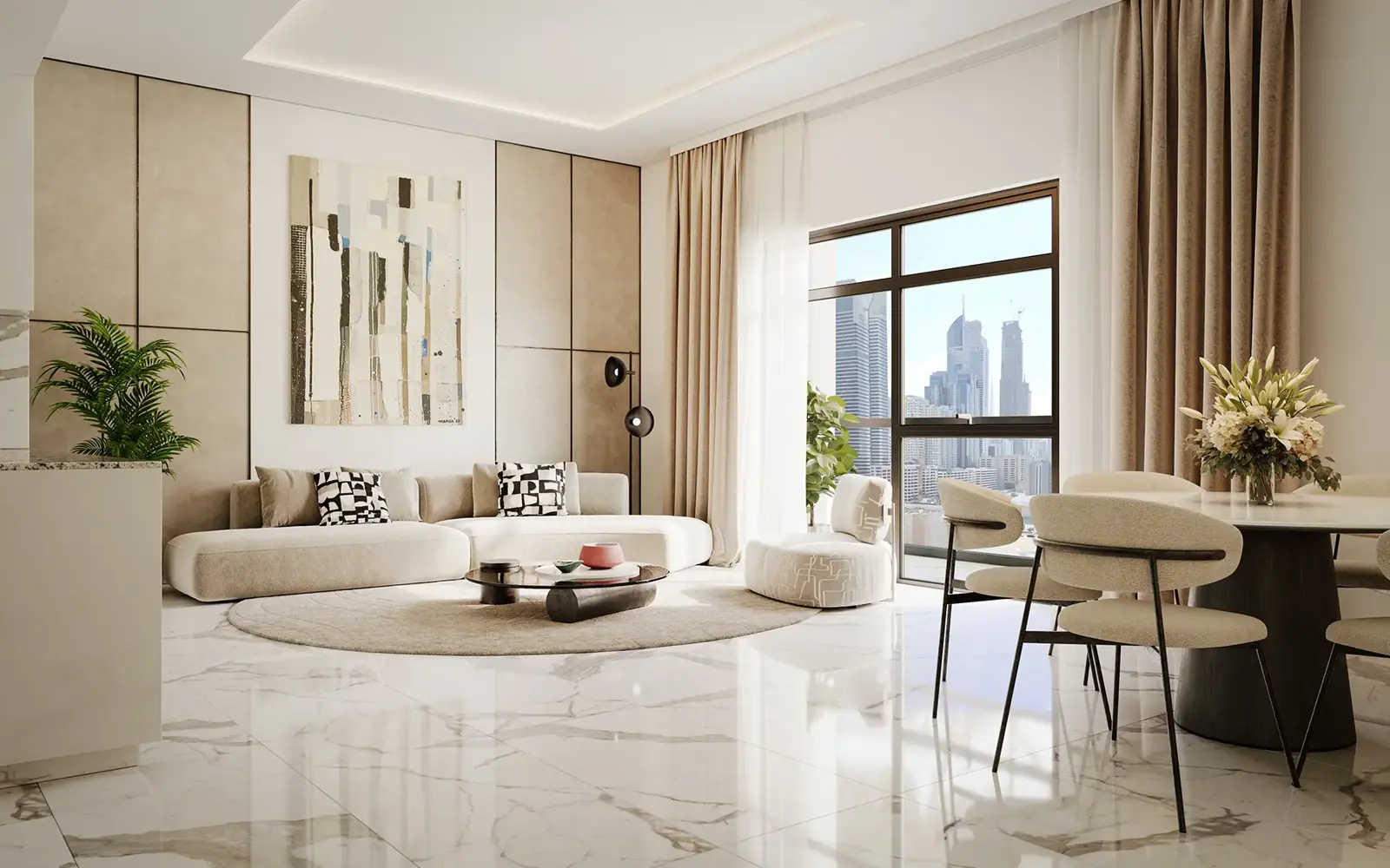 Living and dining room with skyline window
