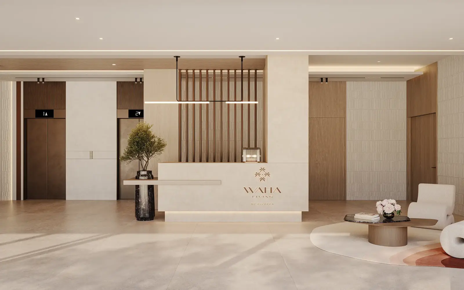 Entrance lobby with reception desk and lifts