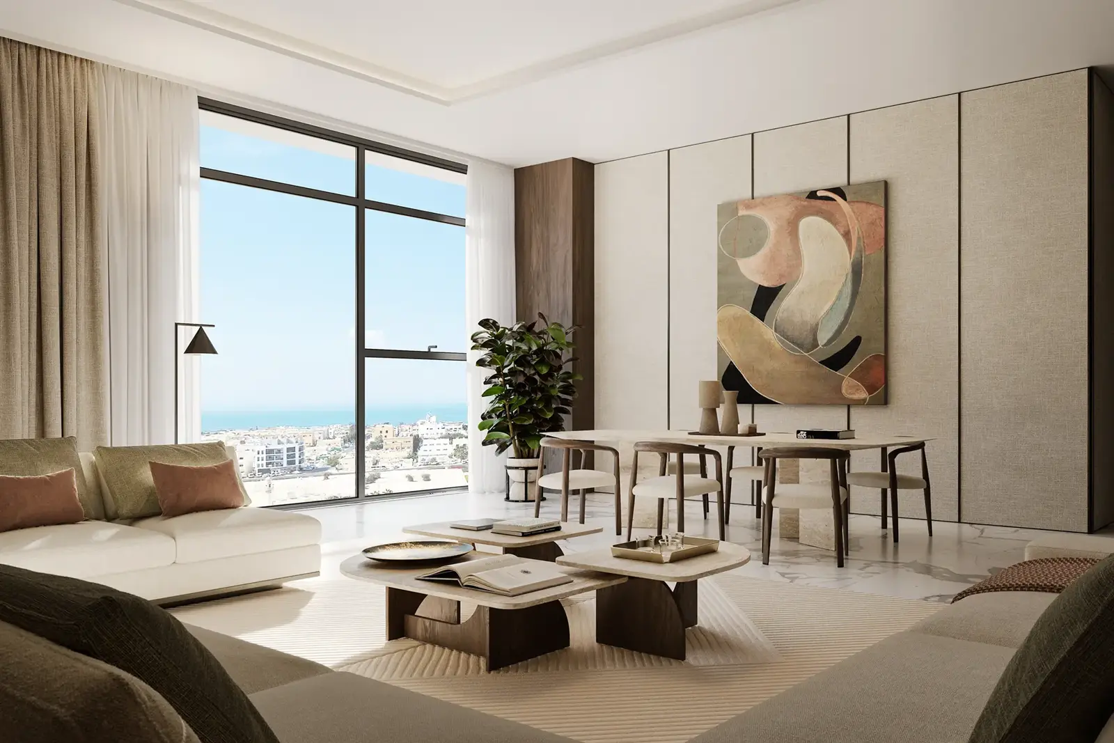 Living room with floor-to-ceiling window and city view