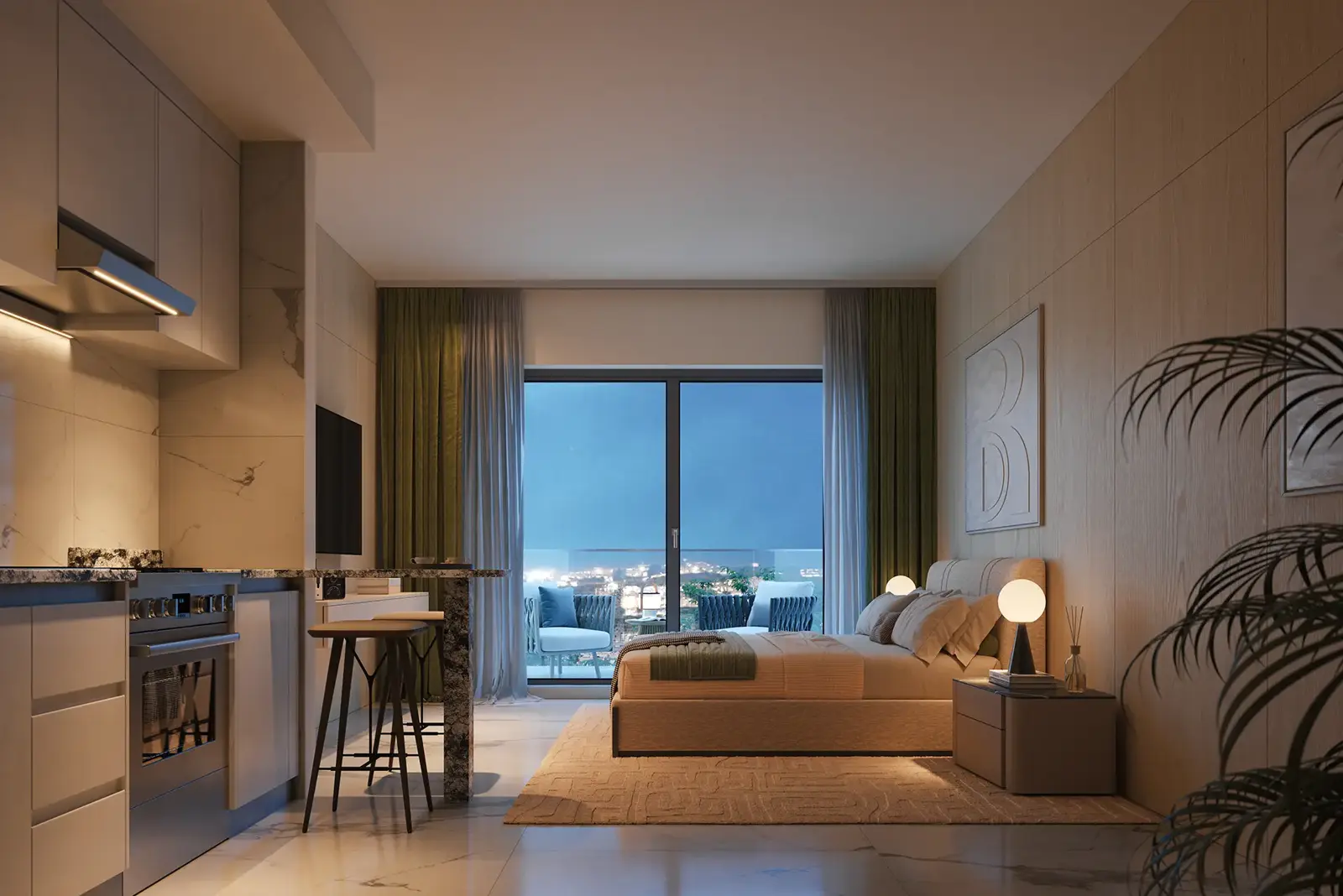 Studio with bed, kitchen and balcony at dusk