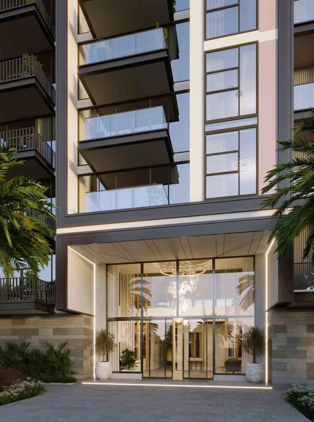 Entrance canopy with glass balconies above
