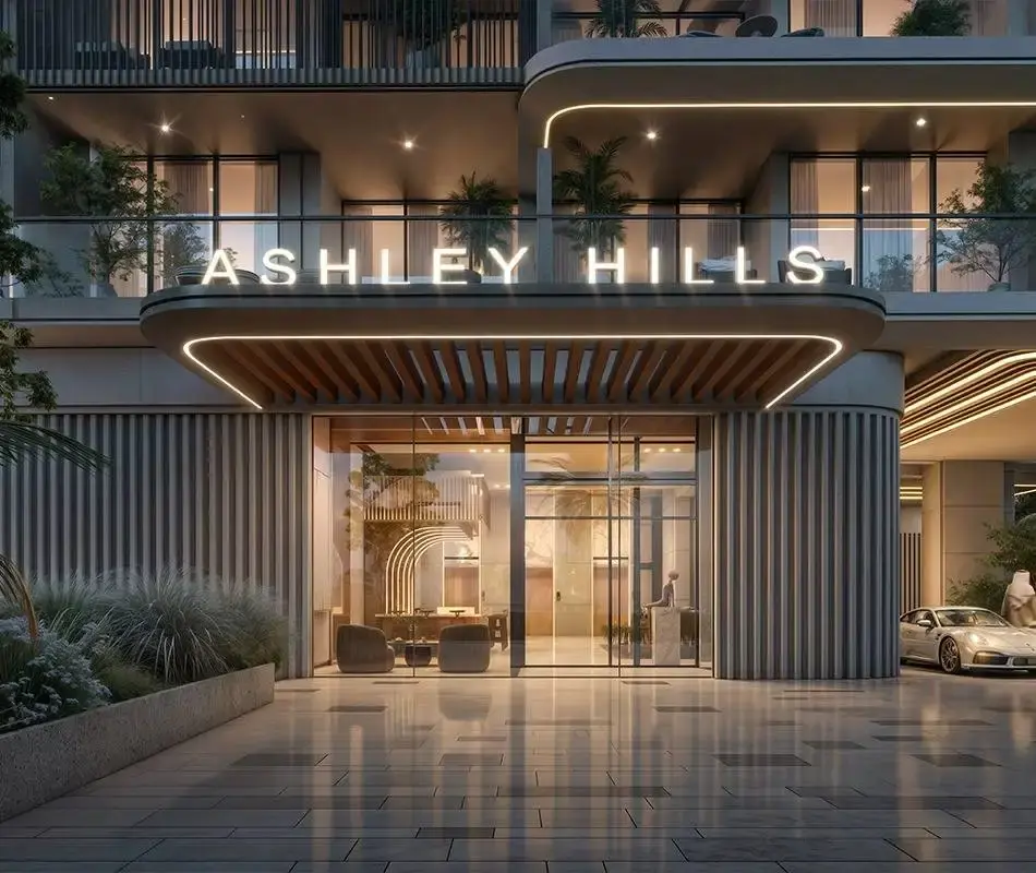 Illuminated Ashley Hills entrance canopy and lobby