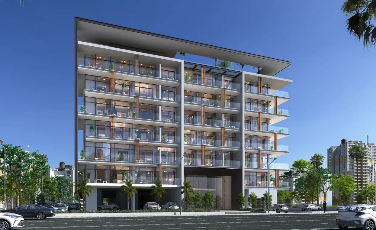 Street view of the six-storey building with balconies