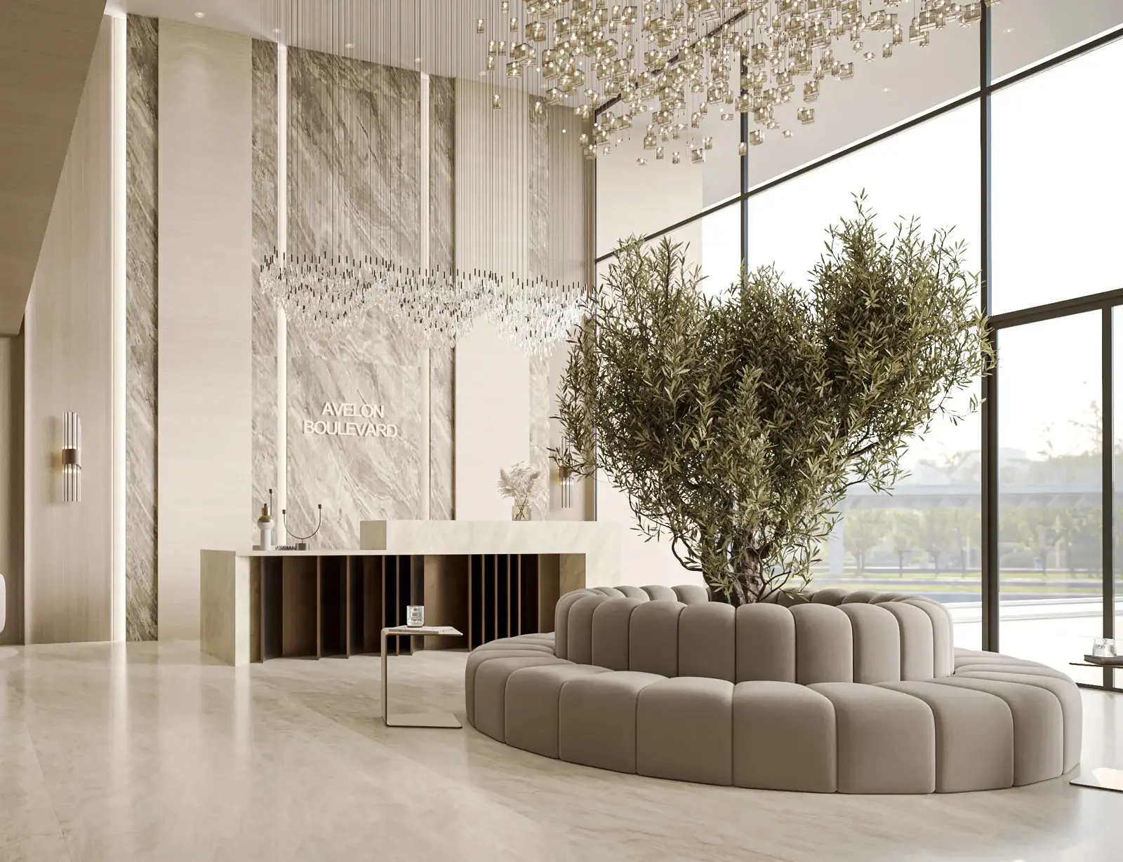 Double height lobby with reception and round sofa