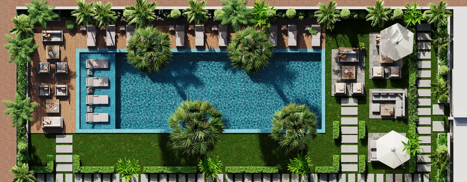 Top view of pool deck with lounge areas