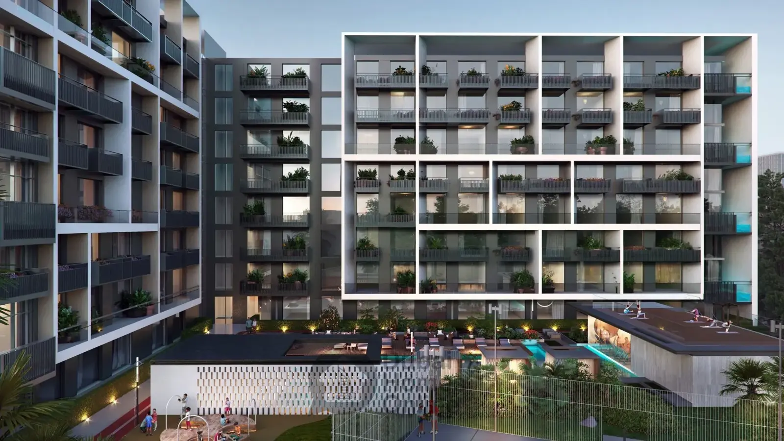 Courtyard facade with balconies, pool and play area