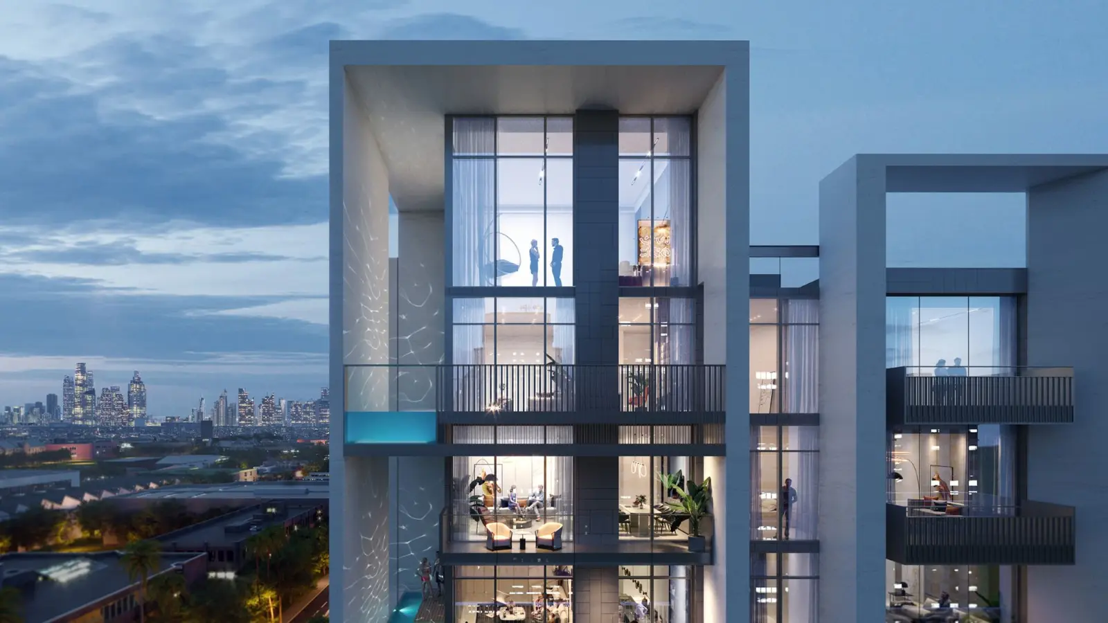 Upper floors with balcony plunge pool at dusk