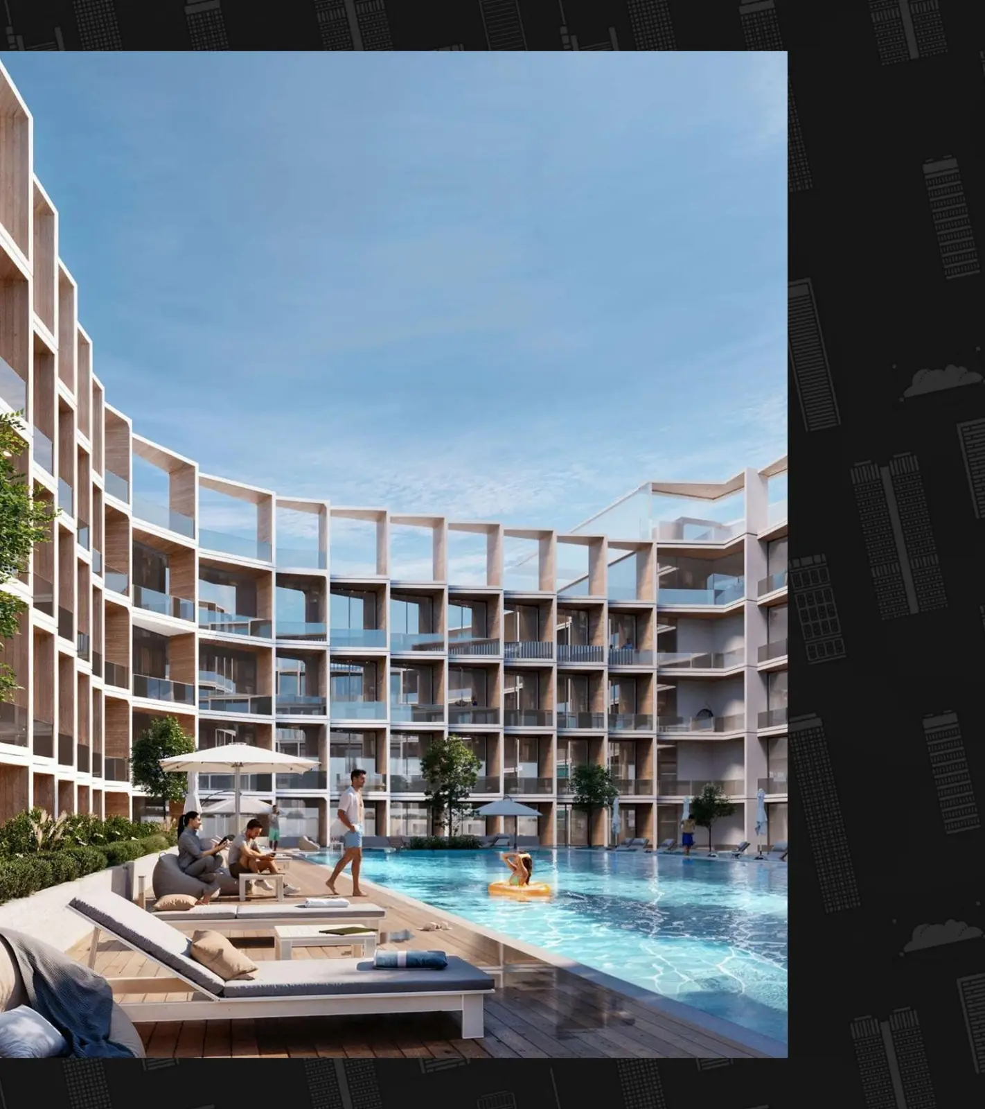 Aerial night view and daytime pool deck