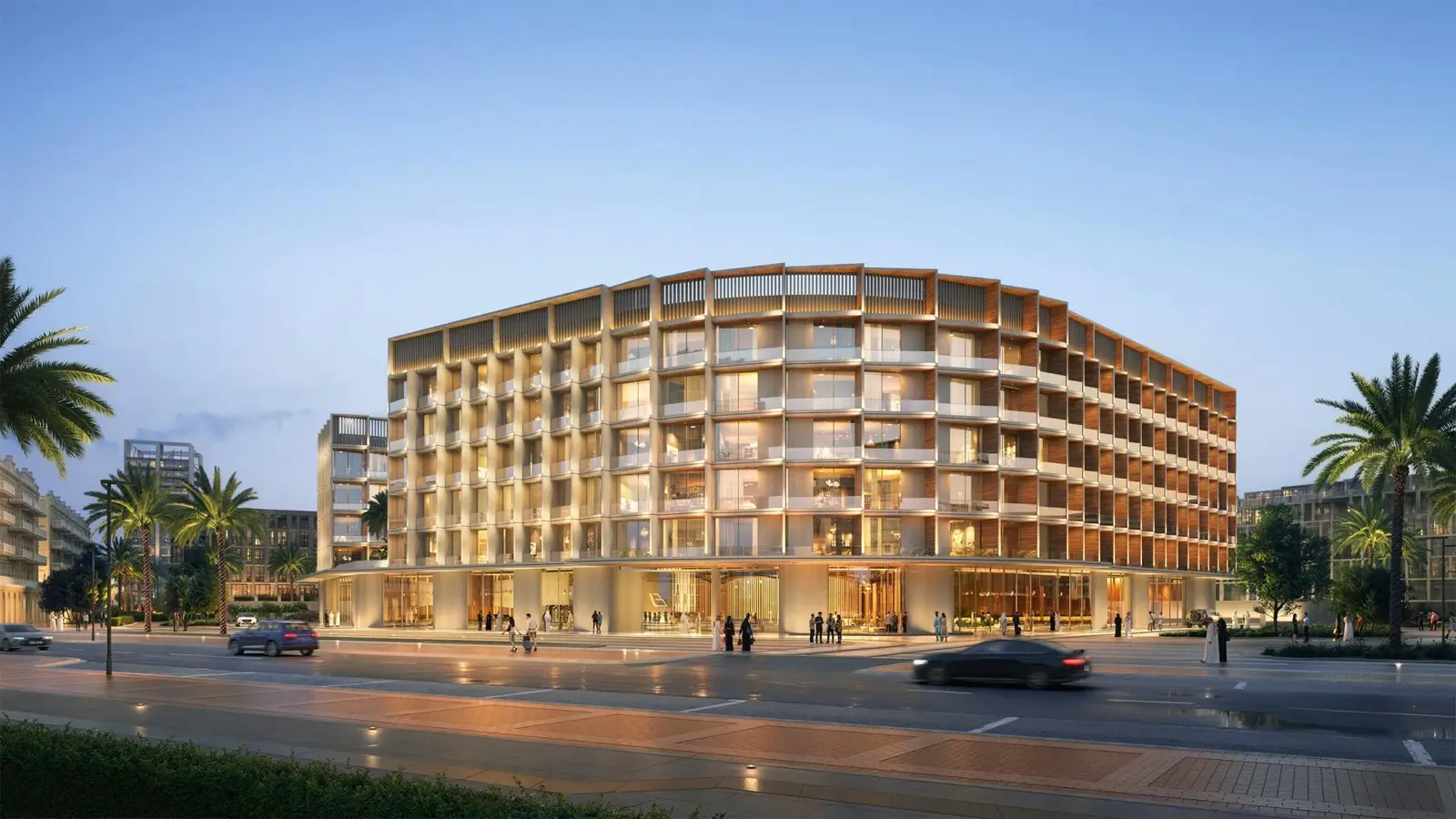 Dusk view of the building from the street