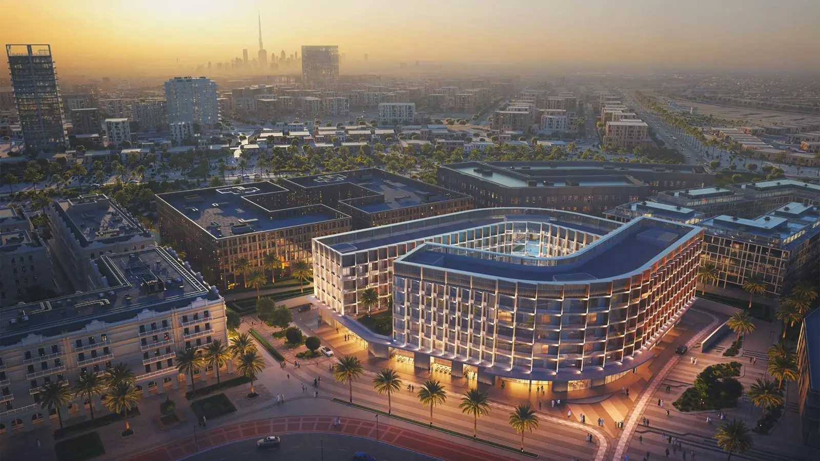 Aerial sunset view of the building in its district