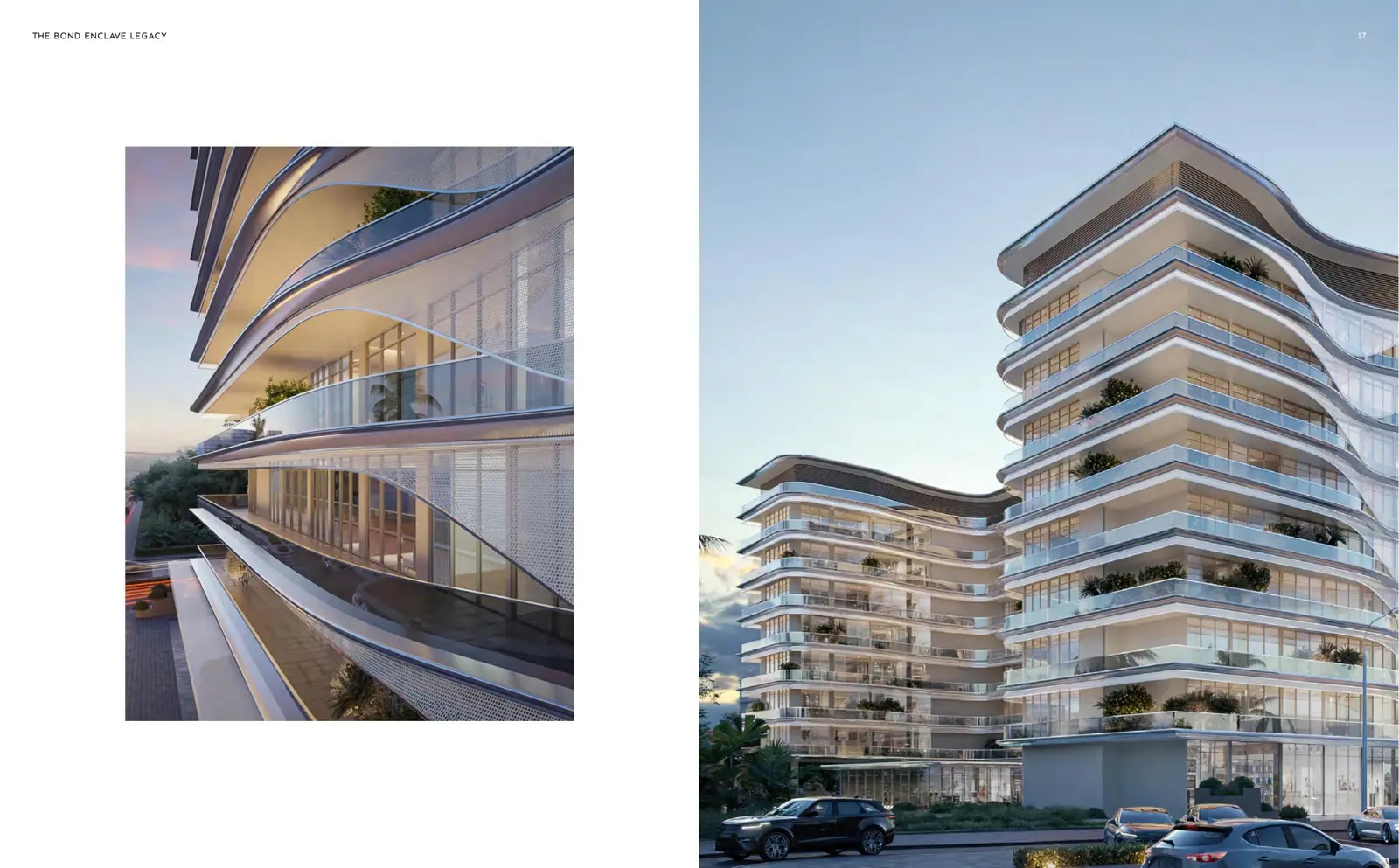 Close view of curved balconies and facade