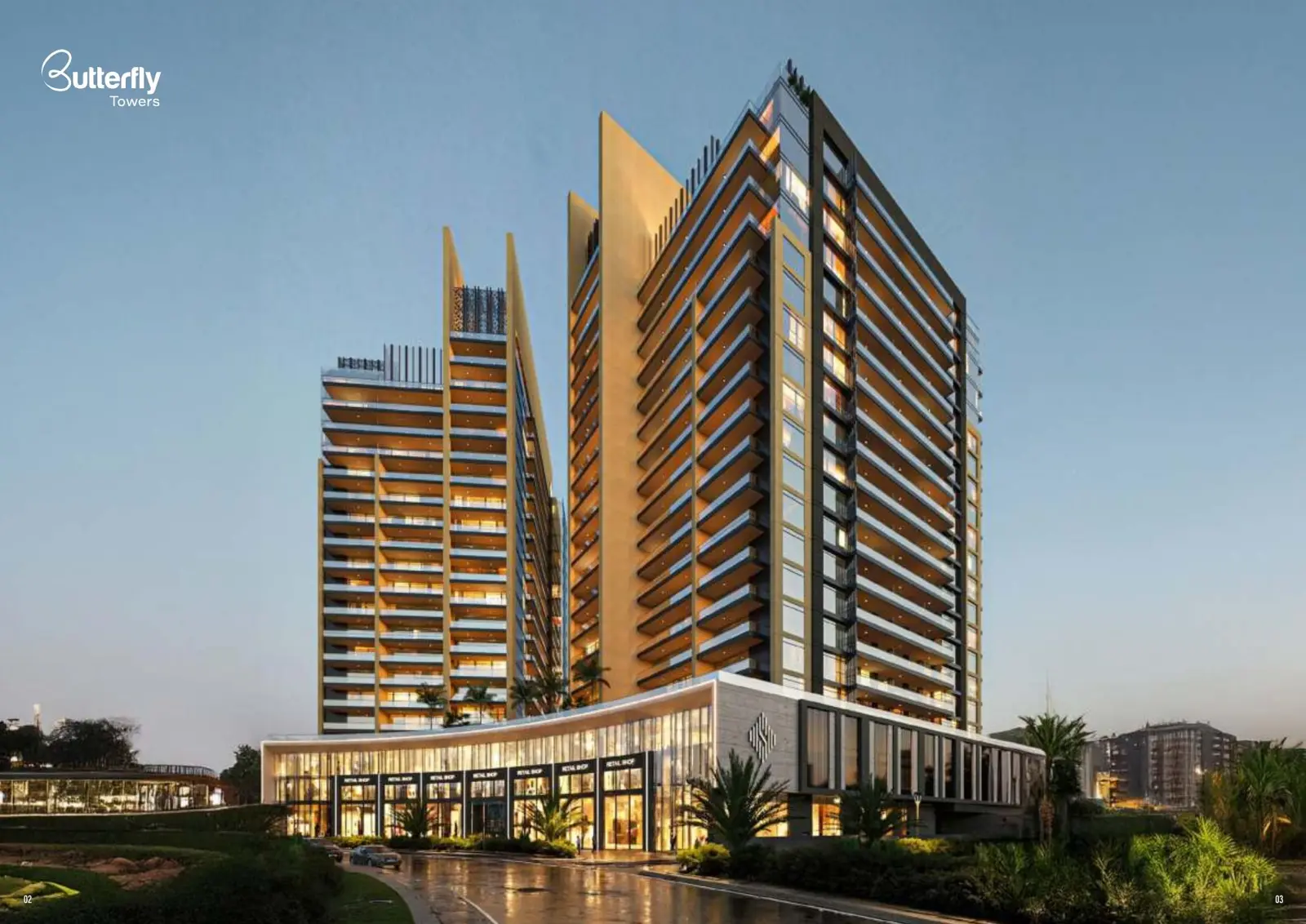 Twin towers at dusk with retail podium