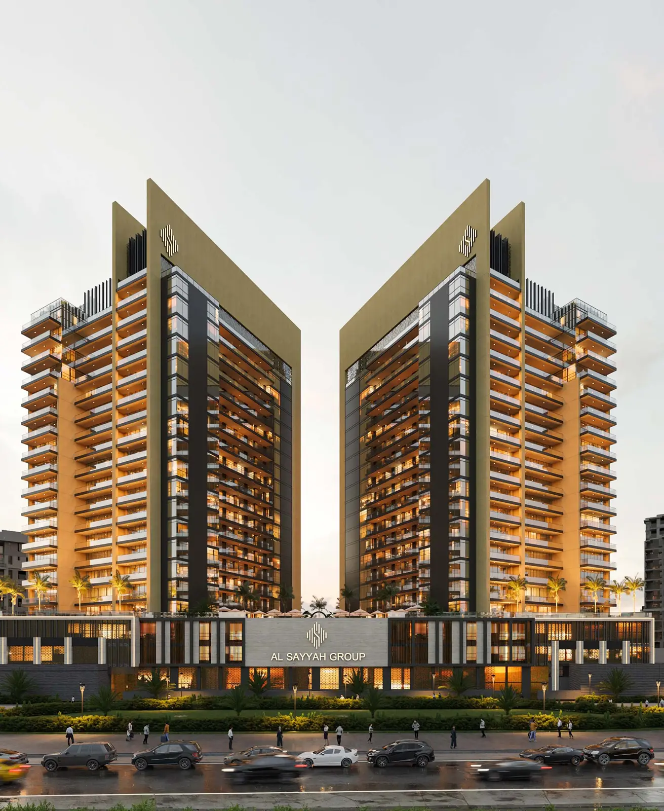 Twin towers with golden crowns at dusk