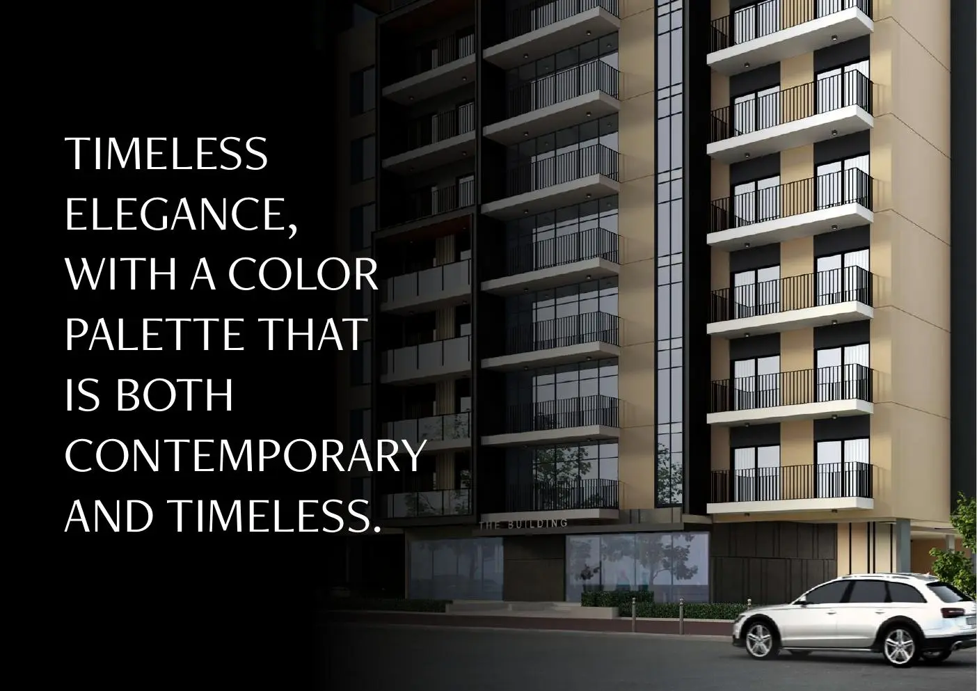 Facade detail with balconies and a tagline