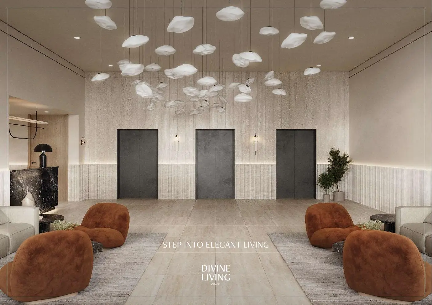 Lobby with three lifts and seating