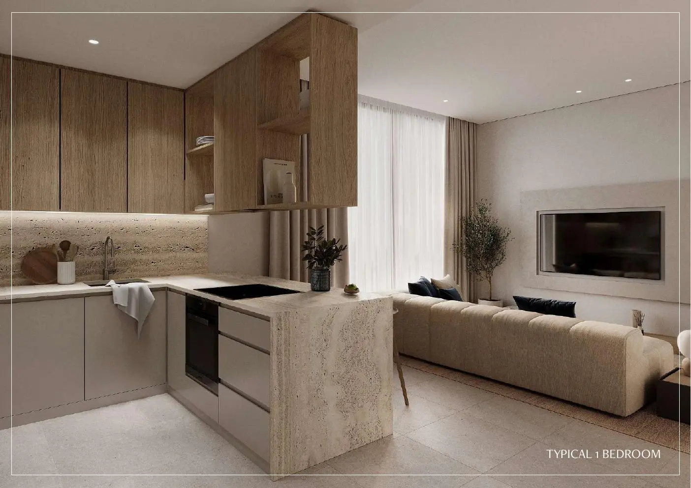 Open kitchen and living area of a 1 bedroom
