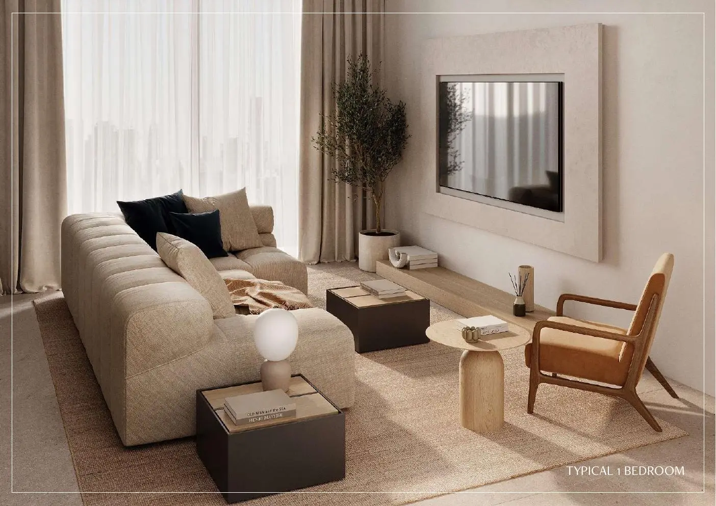 Living room with wall-mounted TV, 1 bedroom