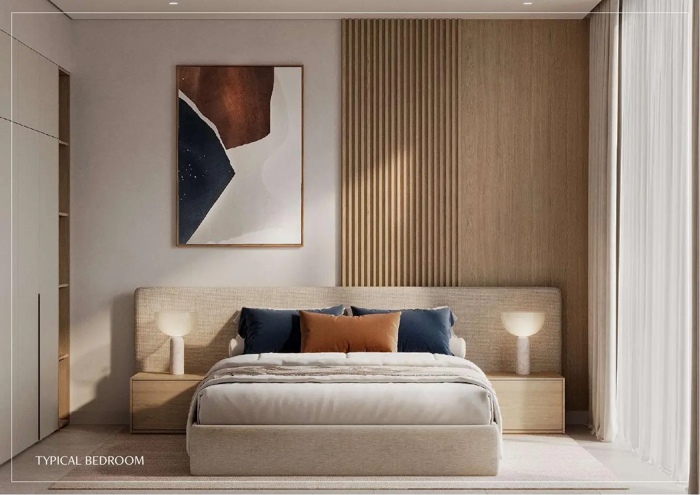 Bedroom with timber slat headboard wall