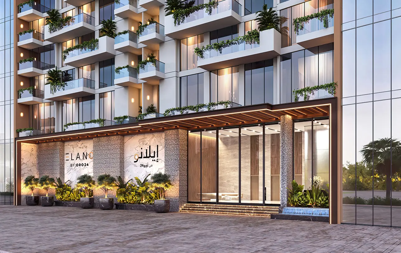 Elano entrance with signage and water feature