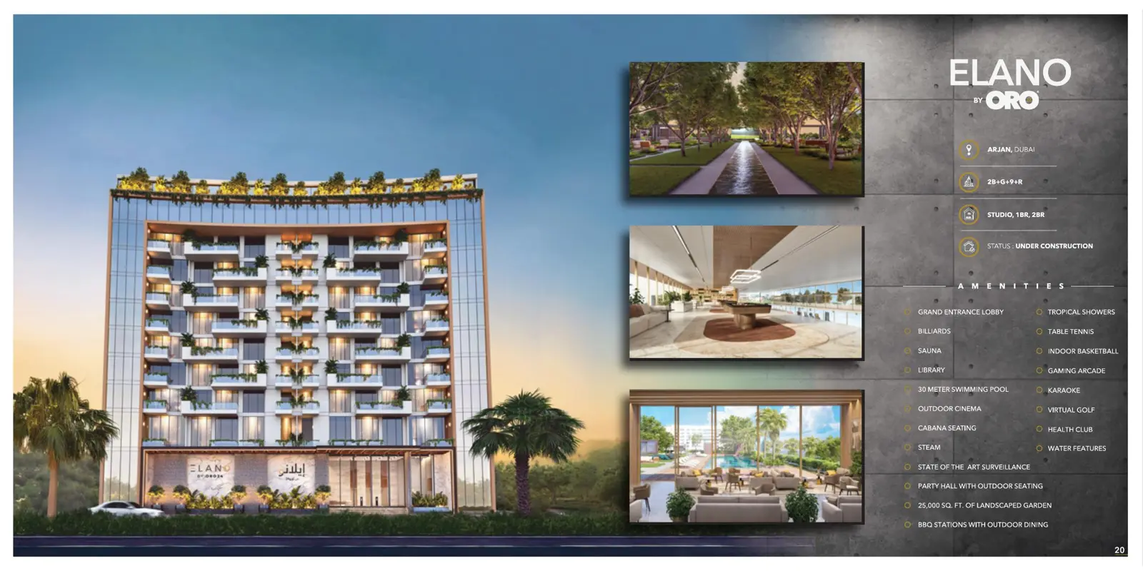 Elano tower facade with amenity renders and list