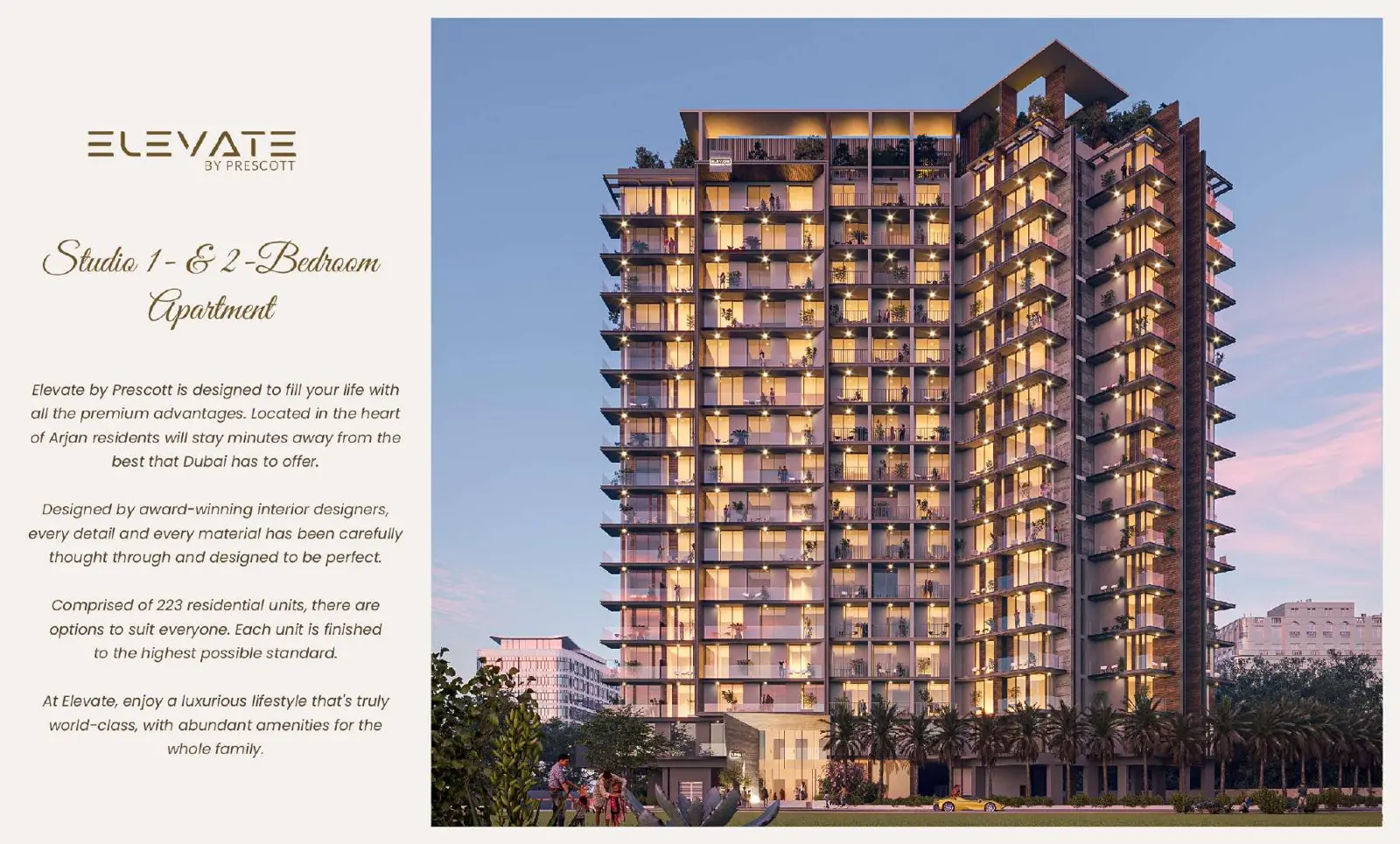 Tower at dusk with lit balconies and brochure text