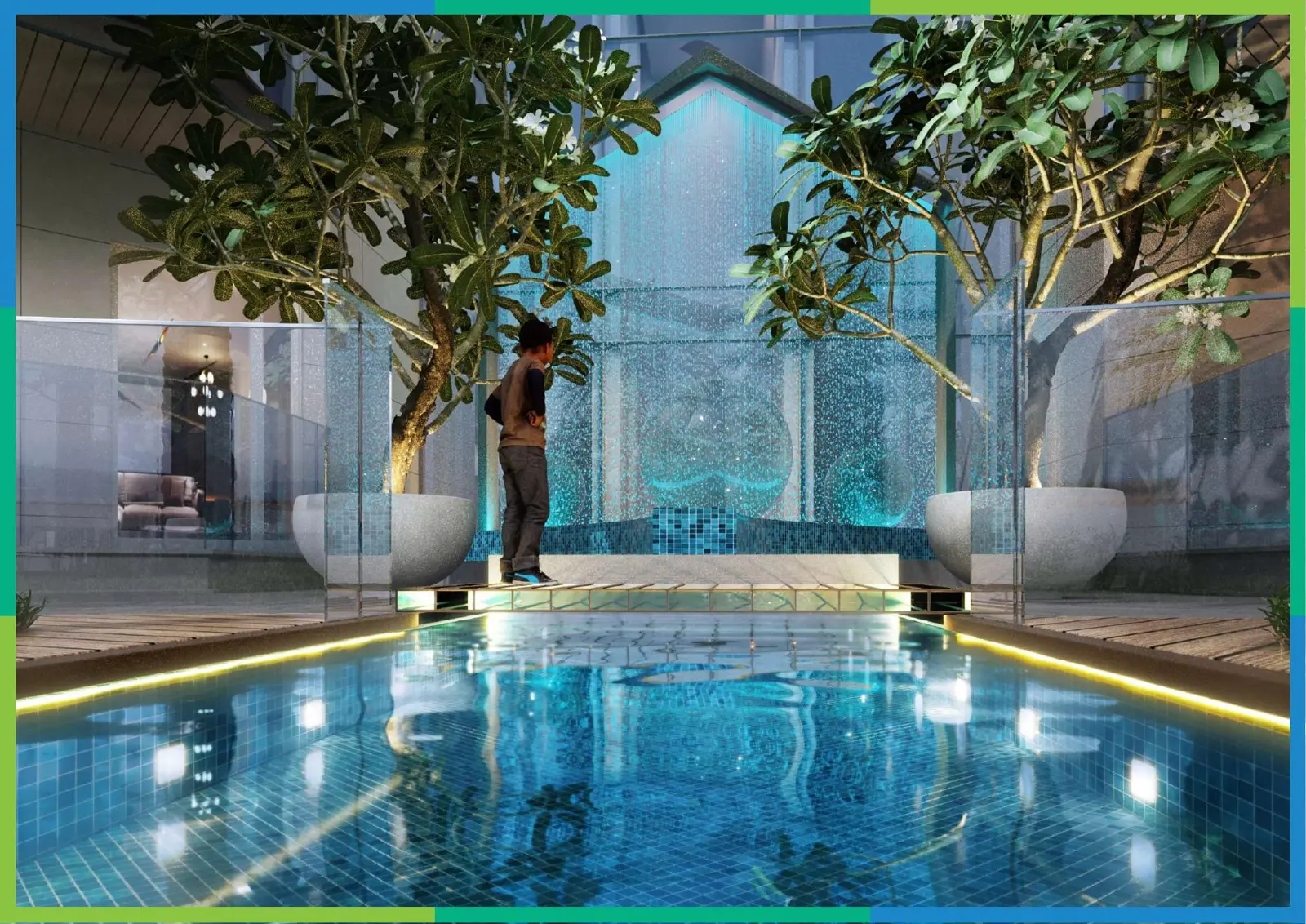 Pool with water feature wall
