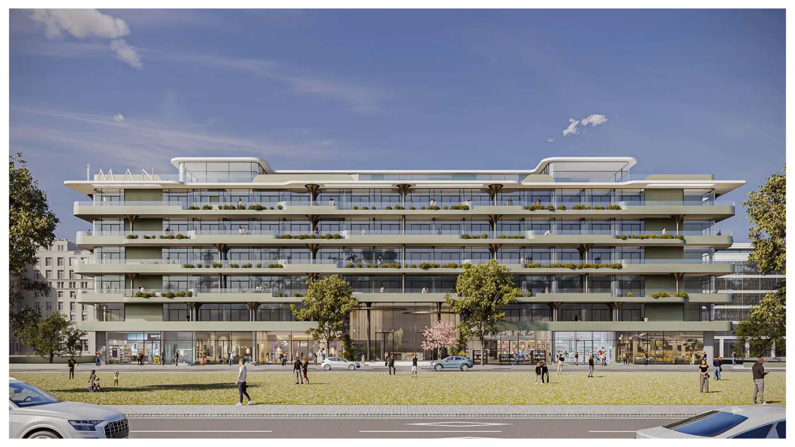 Front facade with terraces and ground-floor retail