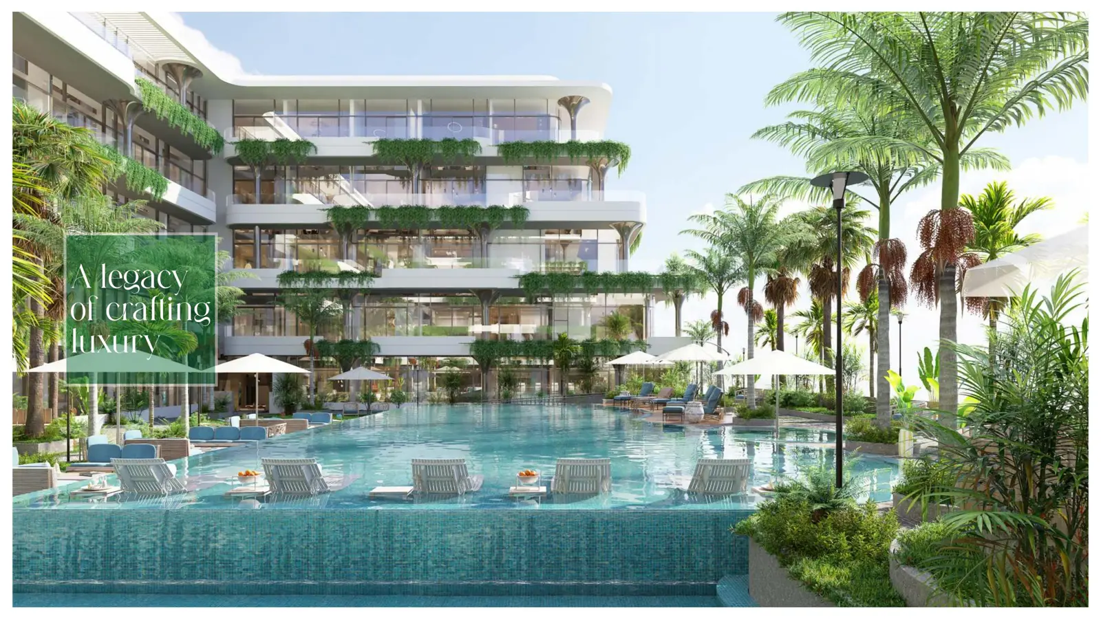 Infinity pool with sun loungers below planted terraces