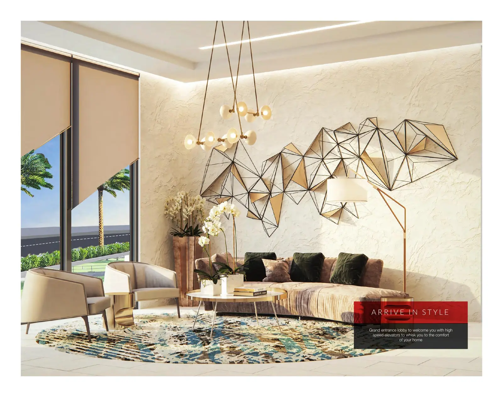 Entrance lobby with sofa and geometric wall art