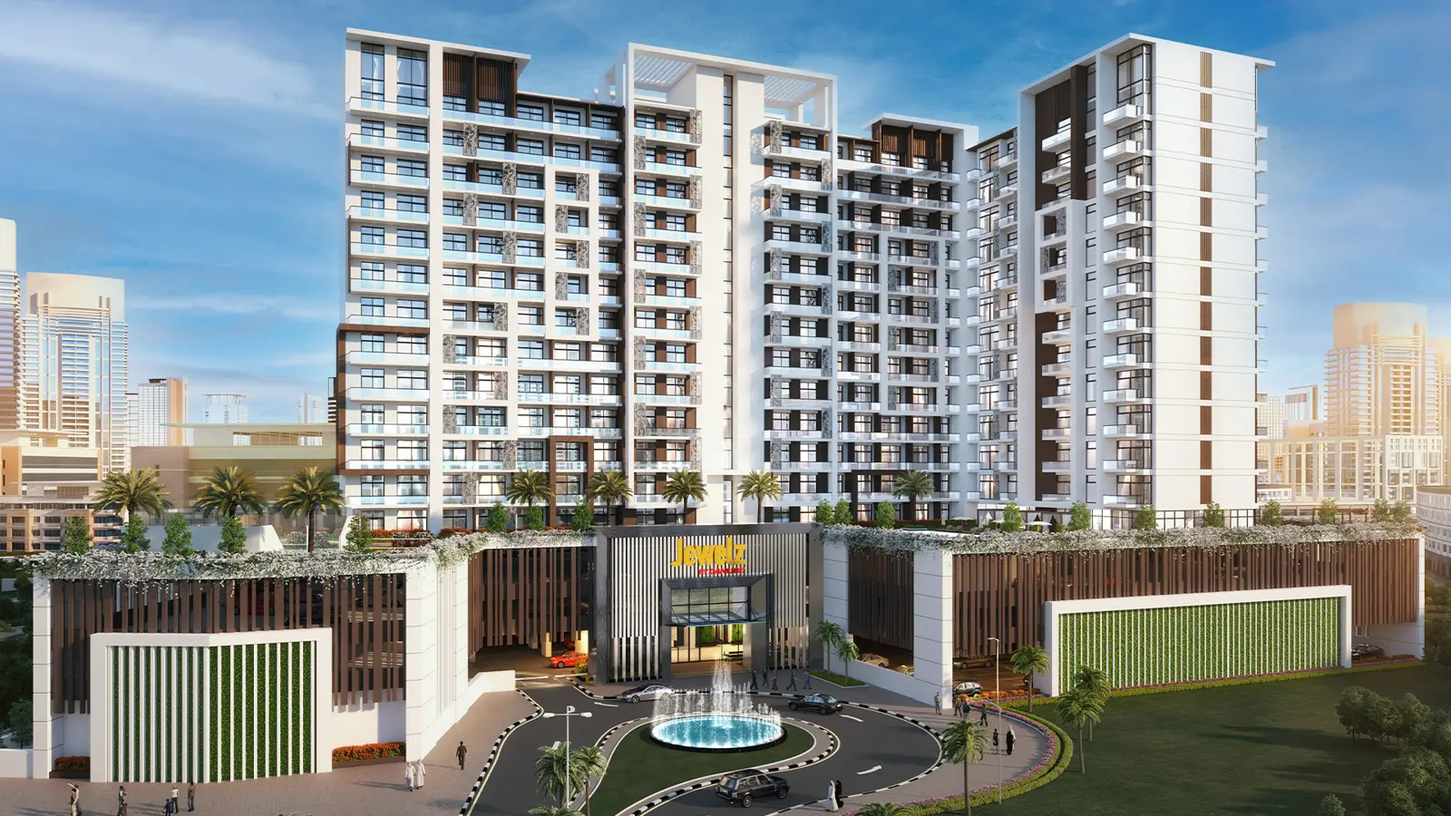 Jewelz tower with podium and entrance fountain