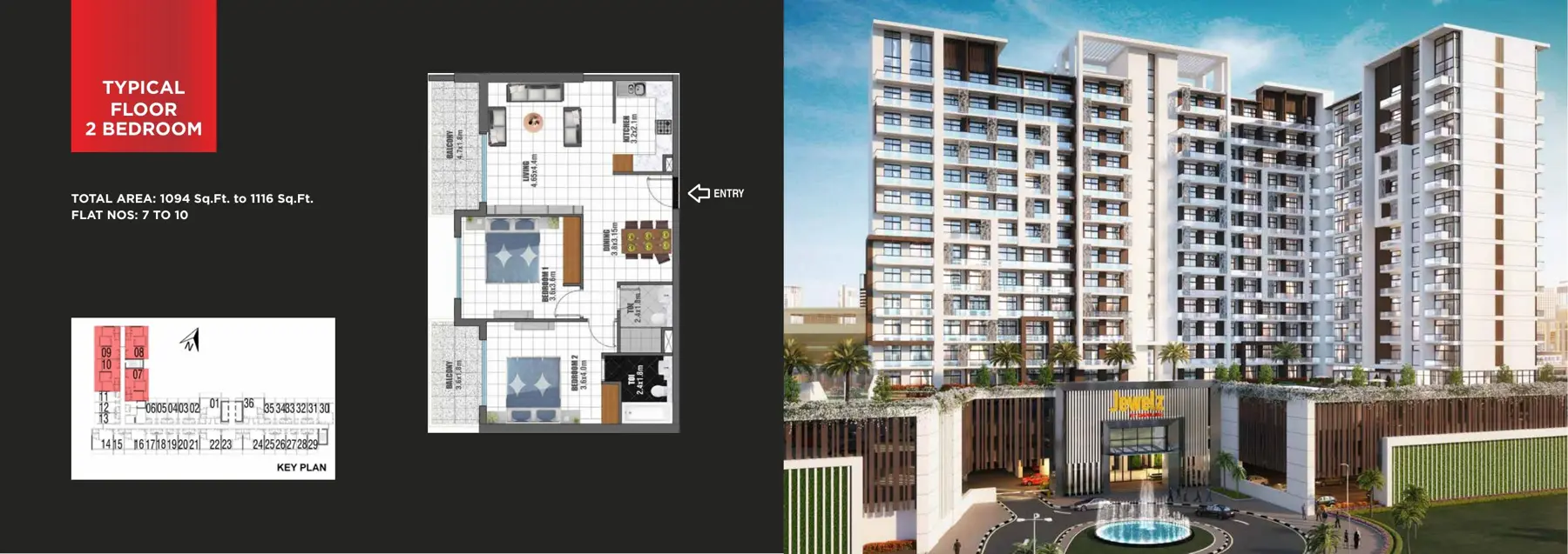 Typical floor 2 bedroom plan and tower render