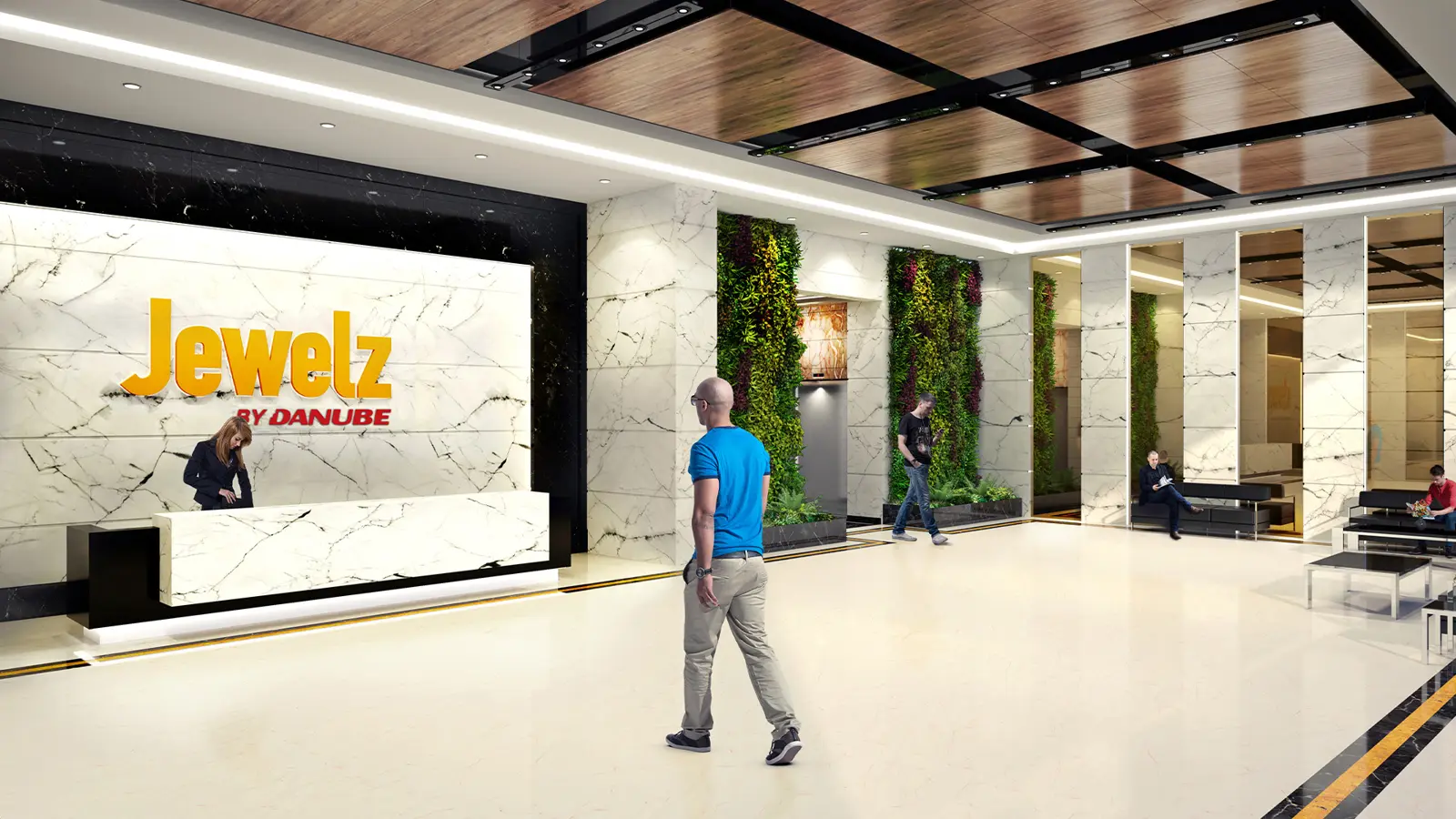 Entrance lobby with reception desk and green walls
