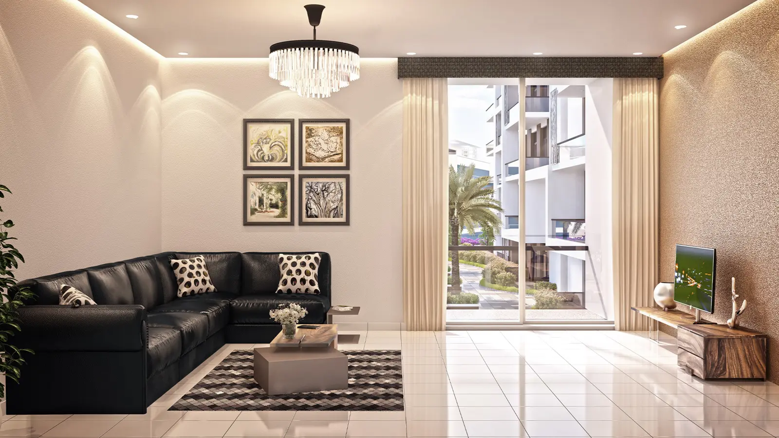 Living room with black sofa and balcony view