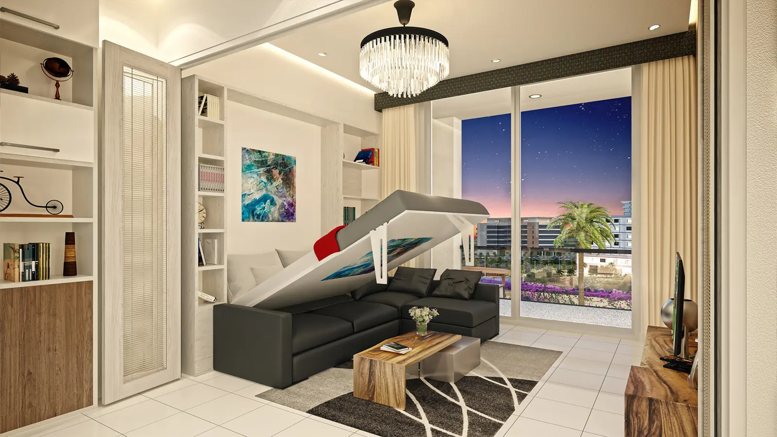Living room with fold-down bed at dusk