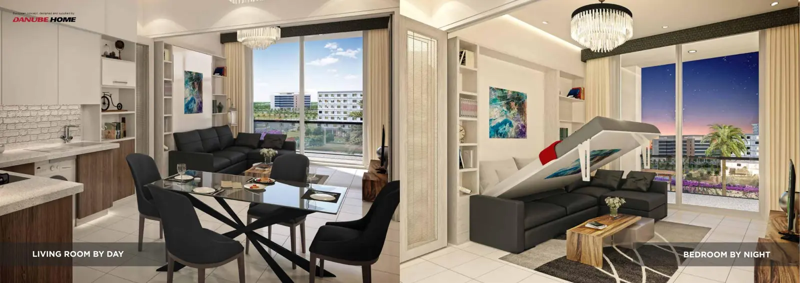 Living room by day and bedroom by night