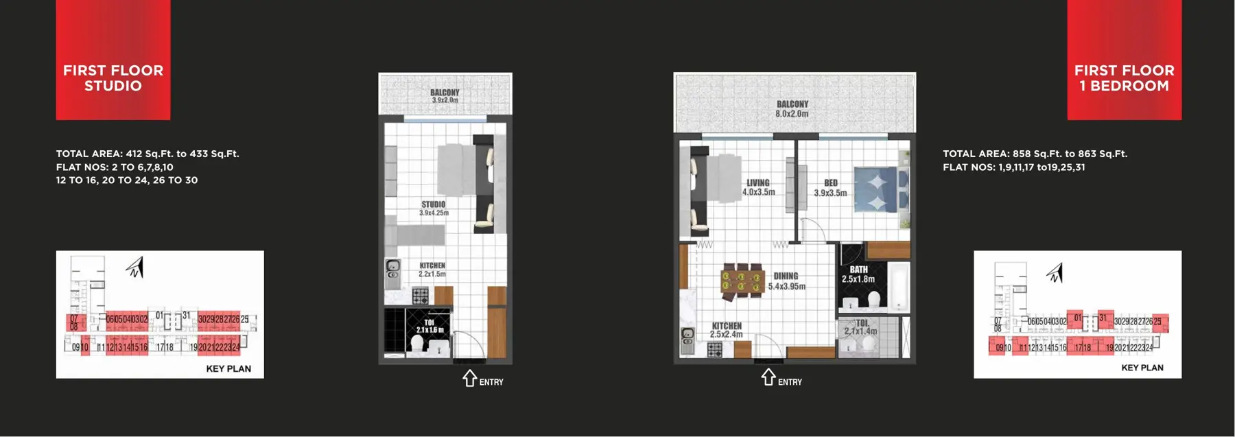 First floor studio and 1 bedroom plans