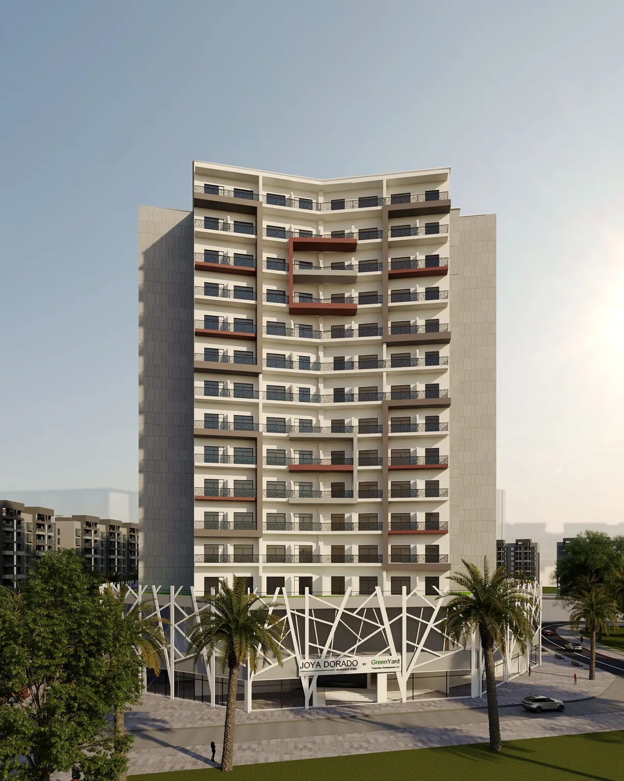 Front view of the tower with Joya Dorado entrance sign