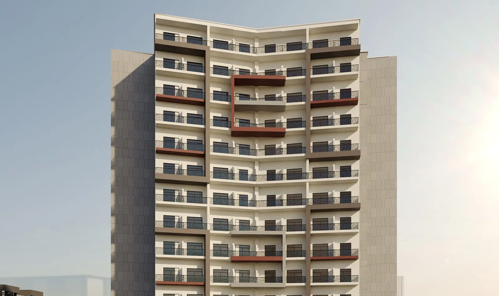Cropped front view of the tower with balconies